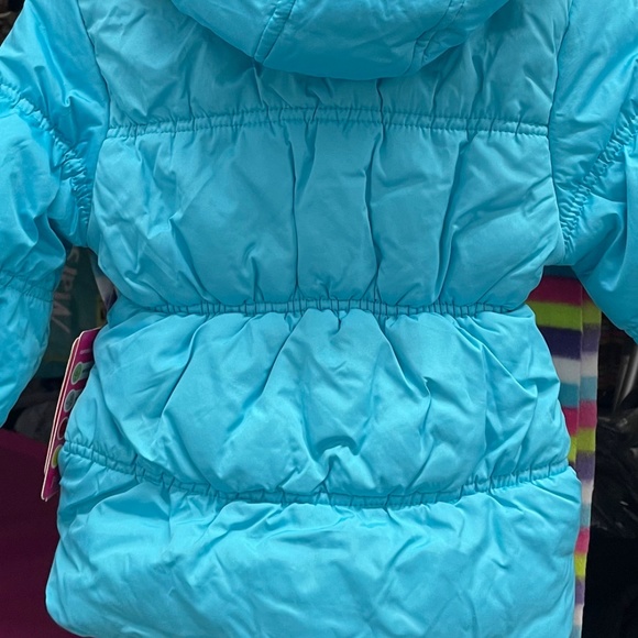 New Puffer Jacket with Hat and Rainbow Striped Scarf, Girls Size 4T - Aqua - Picture 4 of 10